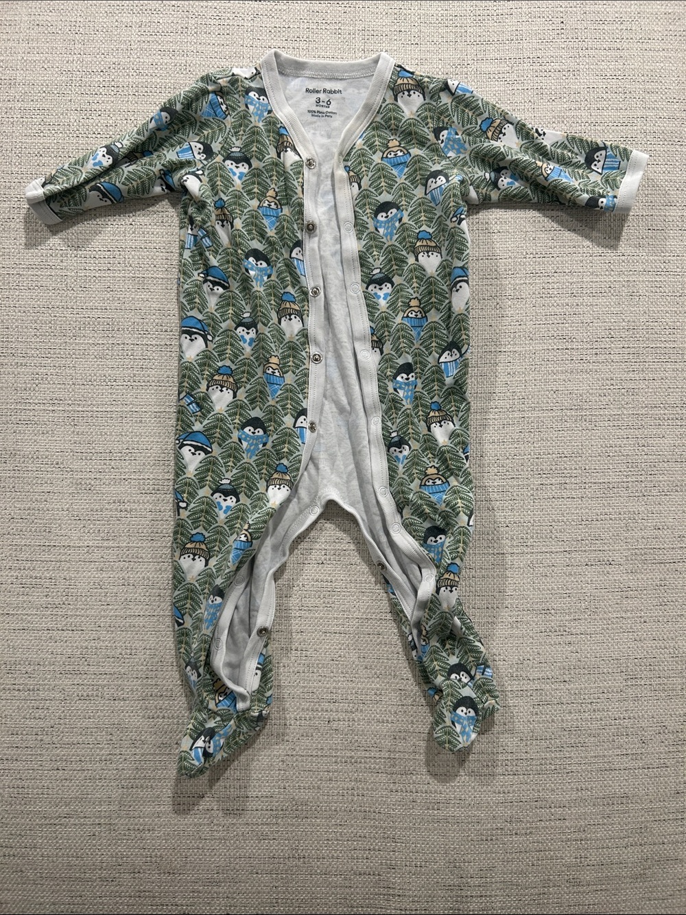 Roller Rabbit Green and Blue Penguin Print Footed Baby One-Piece